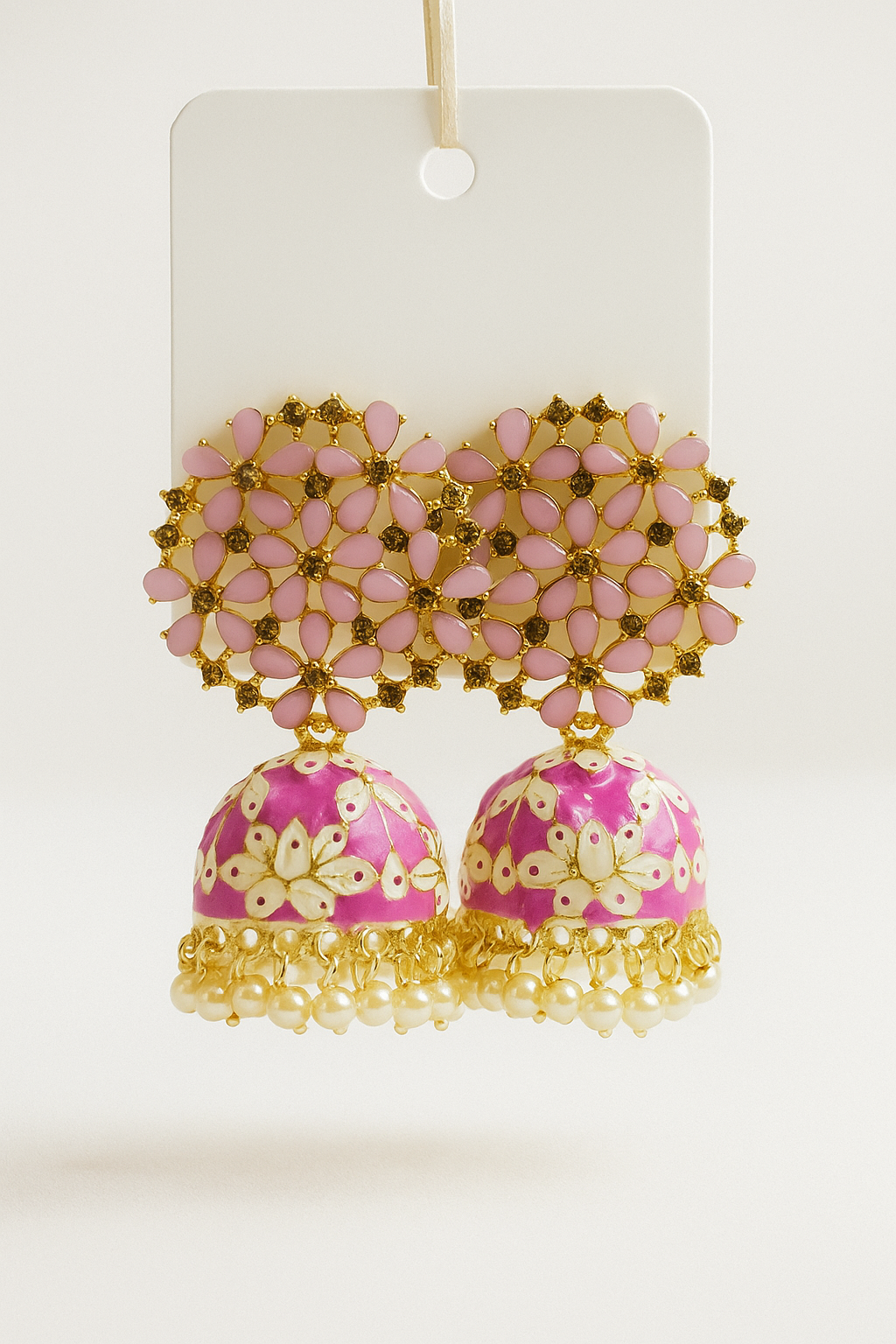Traditional Ethnic Pearl Drop Jhumka – Pink & Gold